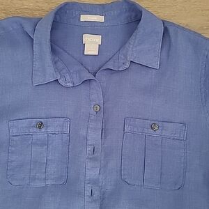 Chicos Women's Top Blouse Size 8 100% Linen Solid Blue 3/4 Sleeves Button Up